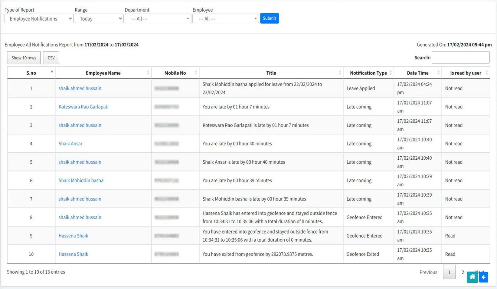 Employee Notification Report